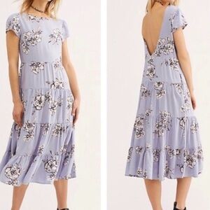 FREE PEOPLE PURPLE FLORAL RITA TIERED PLUNGE BACK MIDI DRESS